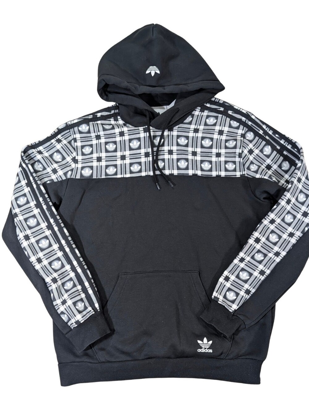 adidas Originals Plaid Trefoil Hoodie Mens Medium Black White Sweatshirt